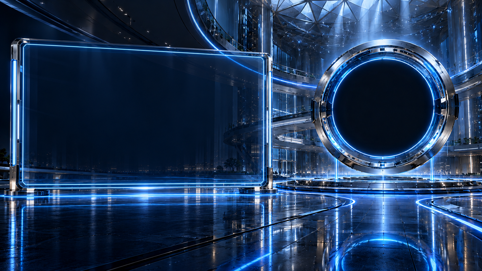 Futuristic virtual atrium with a glass presentation screen and mounted emblem